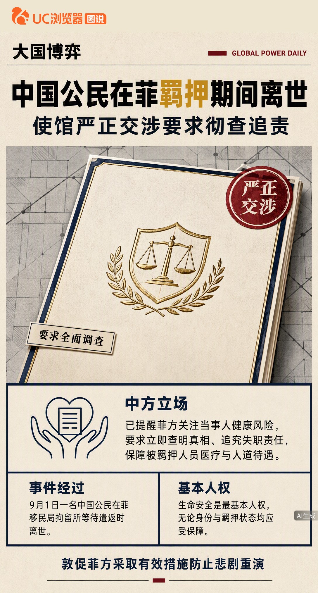 一中国公民在菲羁押期间离世，使馆此前已提醒其有严重基础疾病并要求救治。现敦促菲方彻查失职渎职责任，保