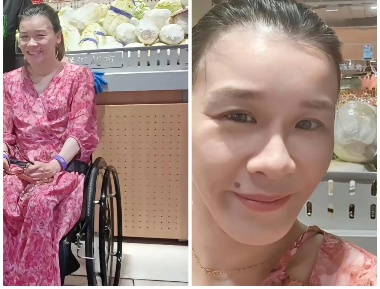 著名体操运动员桑兰满脸笑容坐轮椅出行。