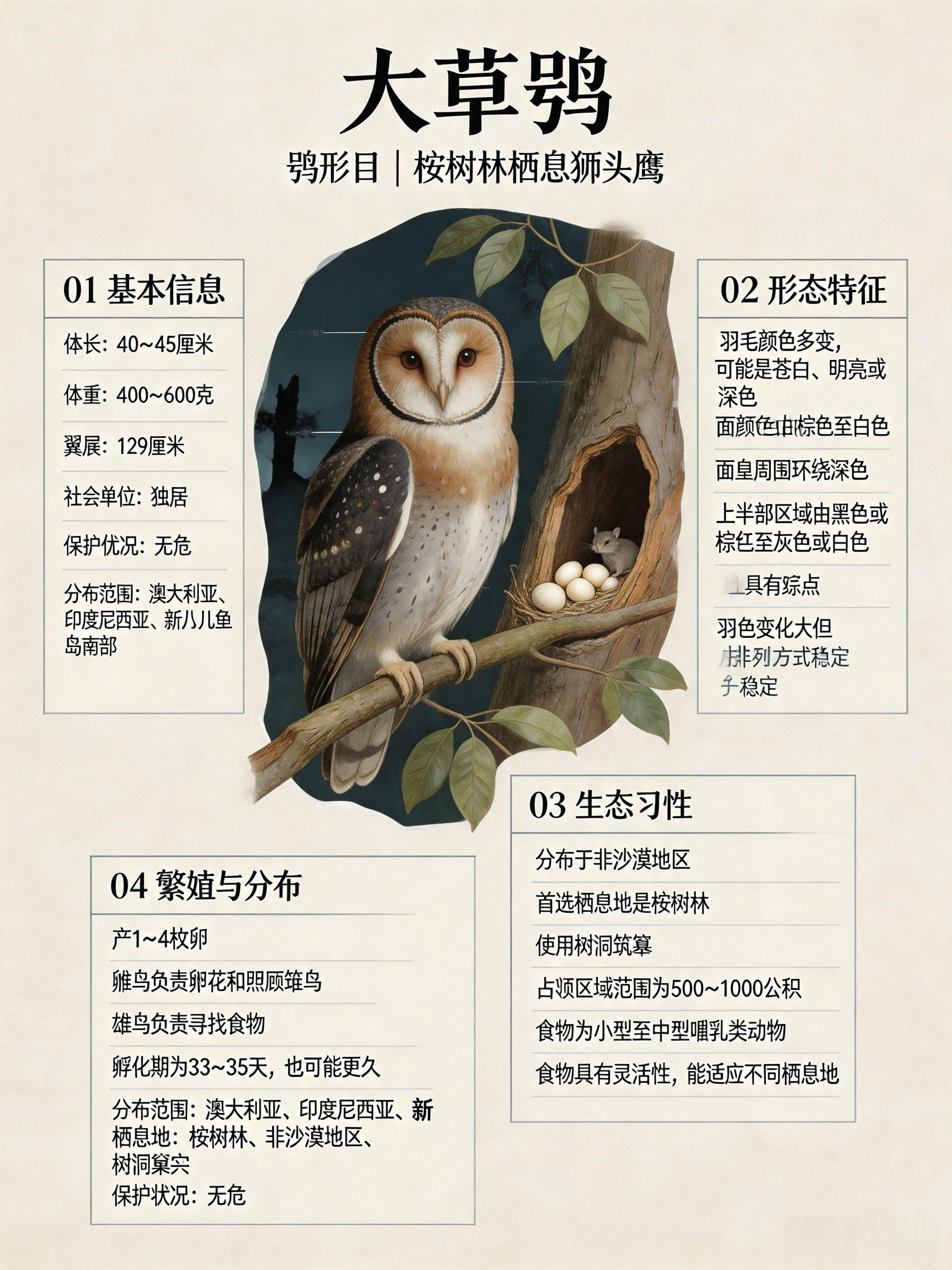 鸟类朋友图鉴大草鸮体长：40~45厘米体重：400~600克翼展：129