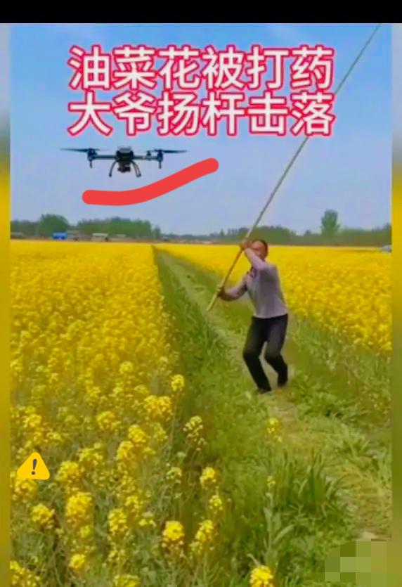大爷才不惯着，说打就打，大爷扬杆击落无人机，根本不是倔脾气犯了，而是现代农