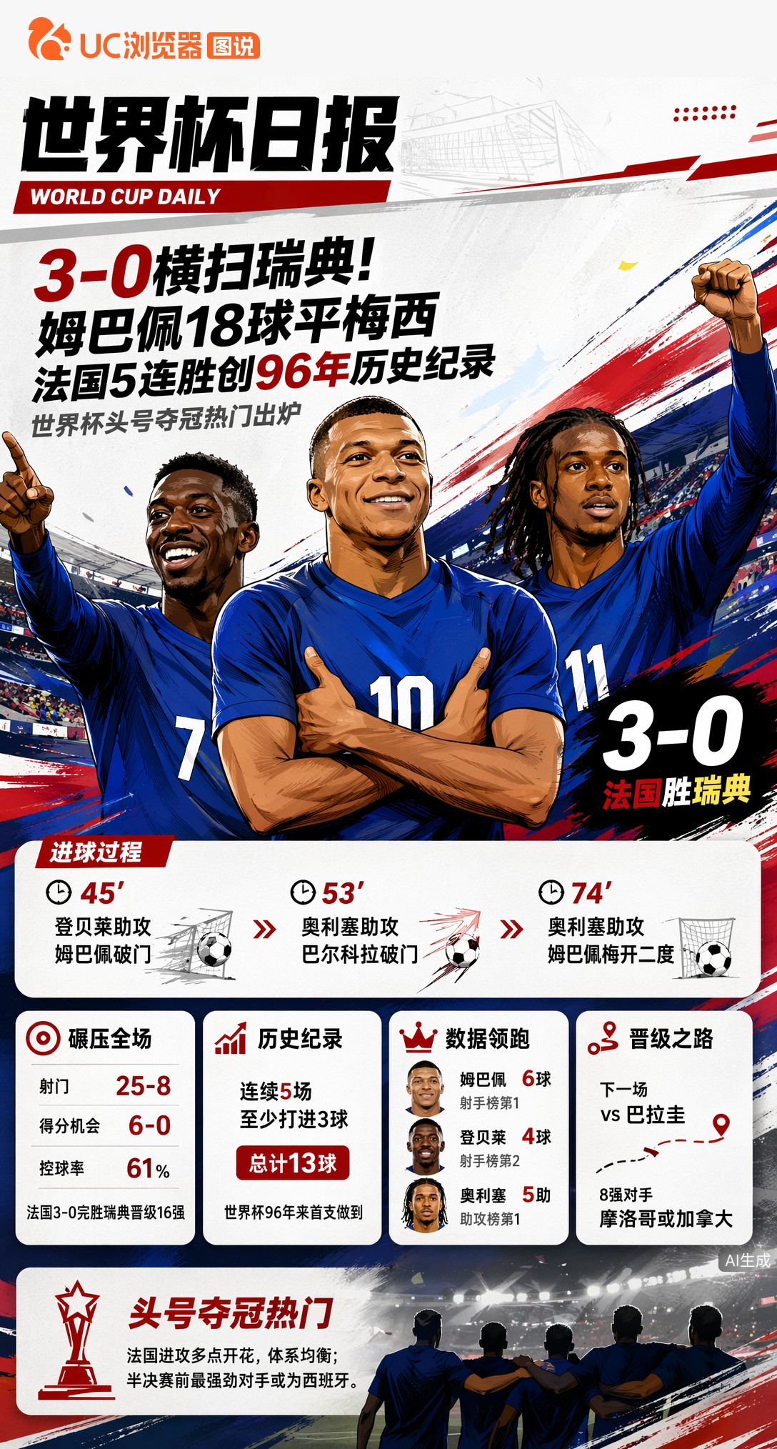 3-0横扫瑞典！姆巴佩18球平梅西，法国5连胜创96年历史纪录