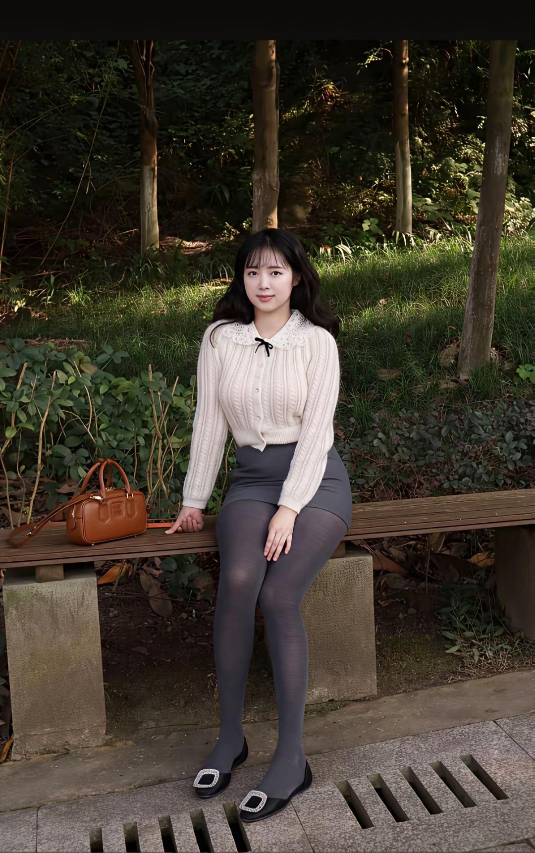 秋日优雅穿搭，米色毛衣搭配灰色短裙，手提包点缀，自然清新。微胖才是天花板，这样的