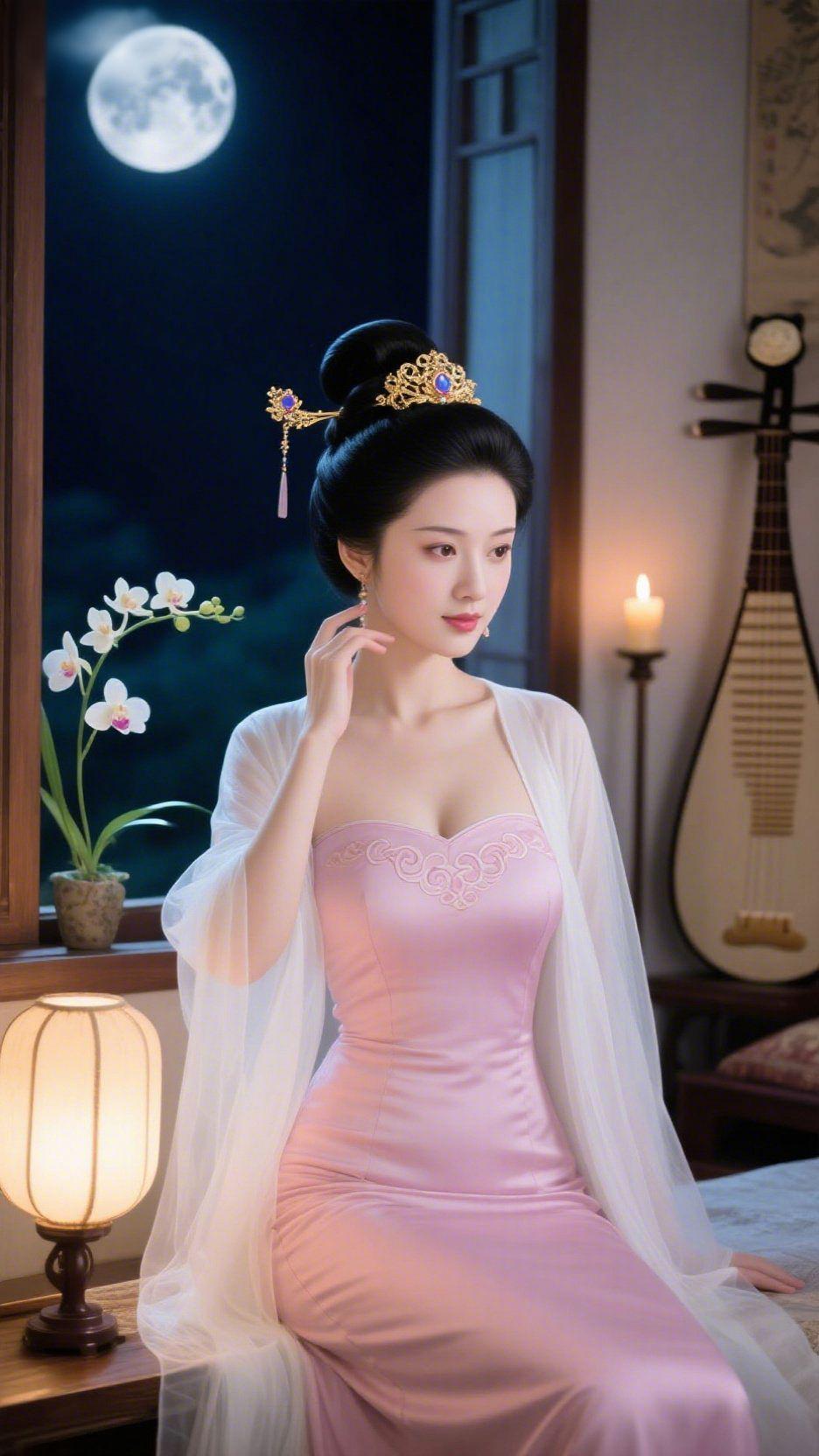 月下揽清辉满月悬于墨色夜幕，清辉漫过雕花木窗，落满一室温柔。柔粉裙装素雅温