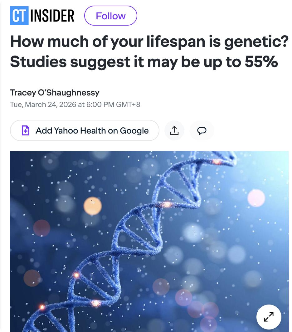 外媒：一项发表在《科学》期刊的新研究颠覆了传统认知，发现遗传因素对寿命的影响高达