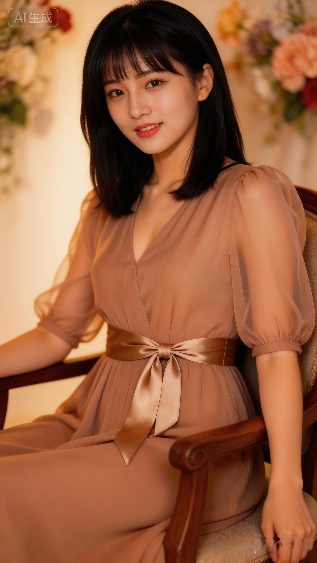 温柔甜美的少女，粉色花海中的优雅时光