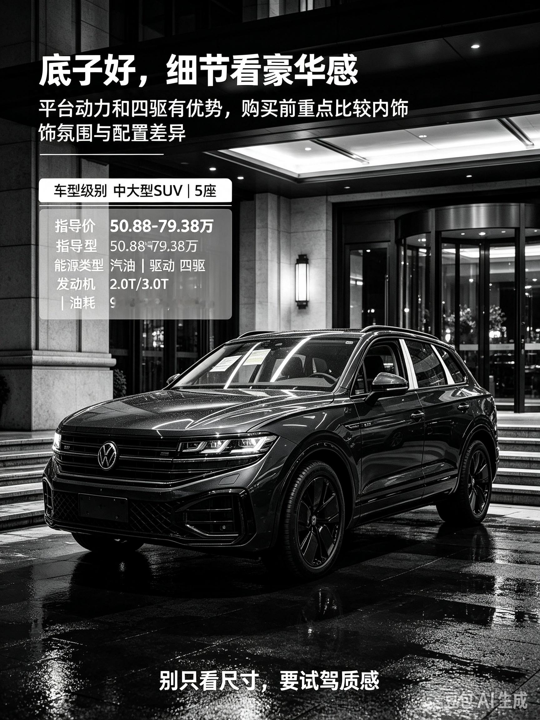 大众途锐是低调实力派中大型四驱SUV，底子和豪华品牌同源，底盘扎实、3.0T动力从容，四驱能力靠谱，