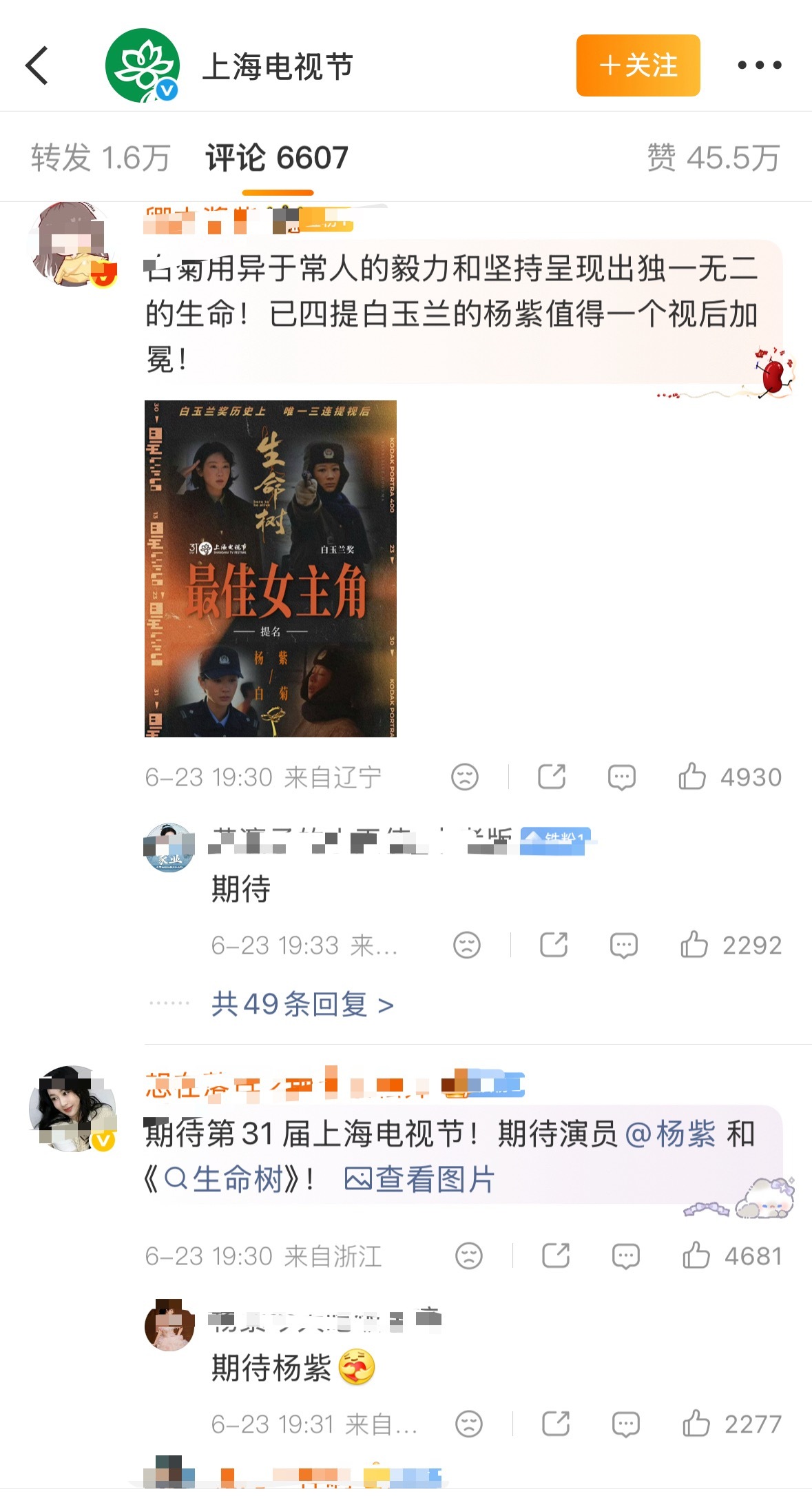 这条白玉兰前排都是杨紫粉丝，活人粉就是🐮啊