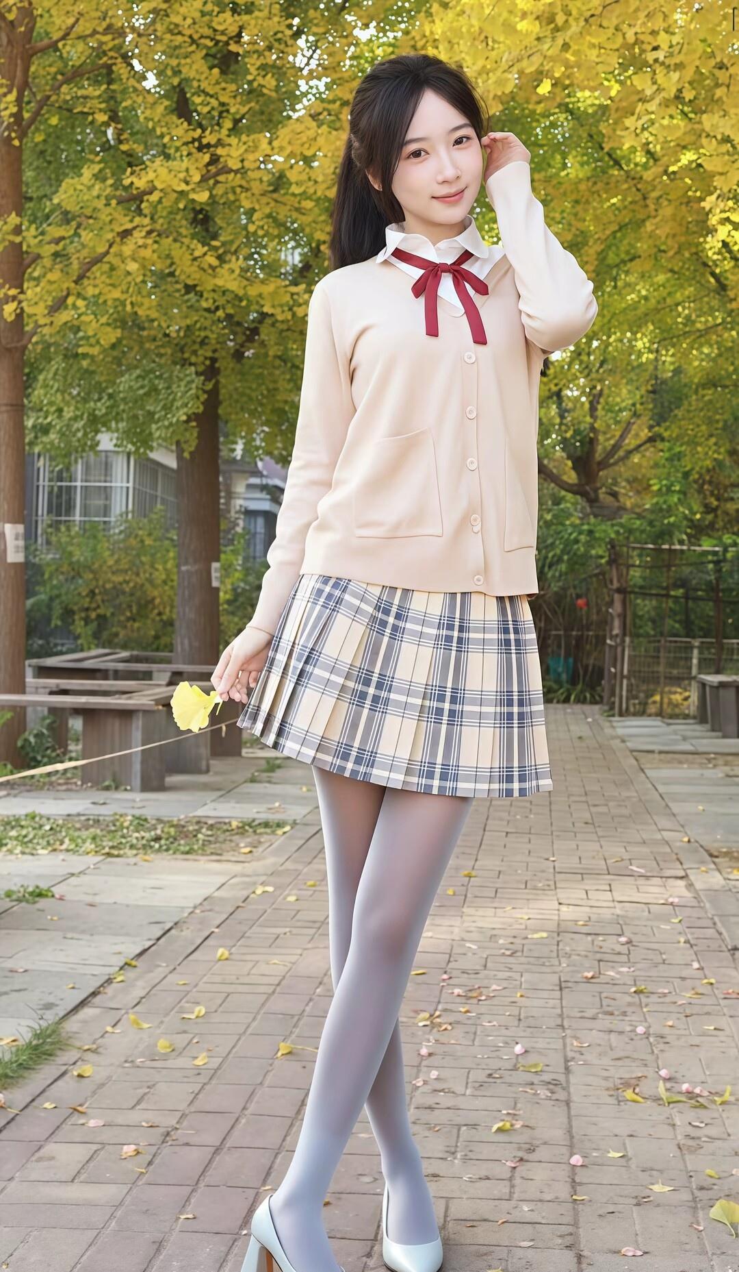 秋日校园少女，红领巾与格子裙的完美搭配，阳光洒满的午后，青春洋溢