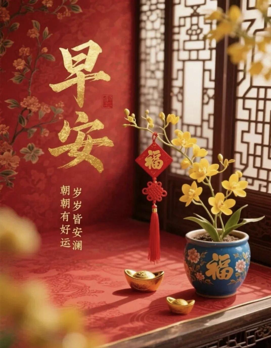 朝朝好运相伴，岁岁安康如意。事事美好温馨，福气常驻心间。早安吉祥，愿你万事顺遂。