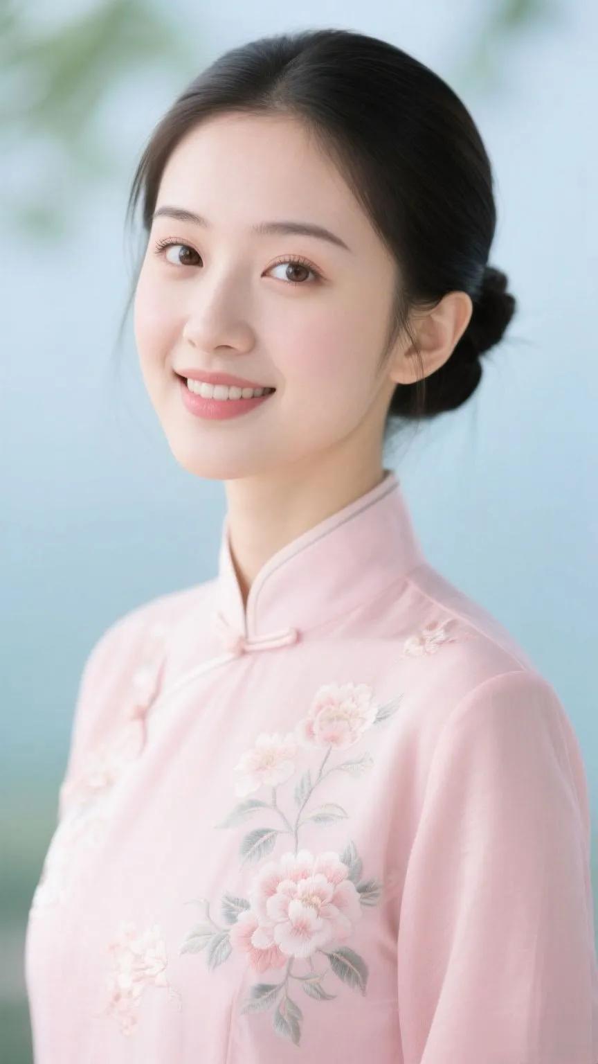 温柔笑颜，粉色旗袍，优雅气质，尽显东方美。