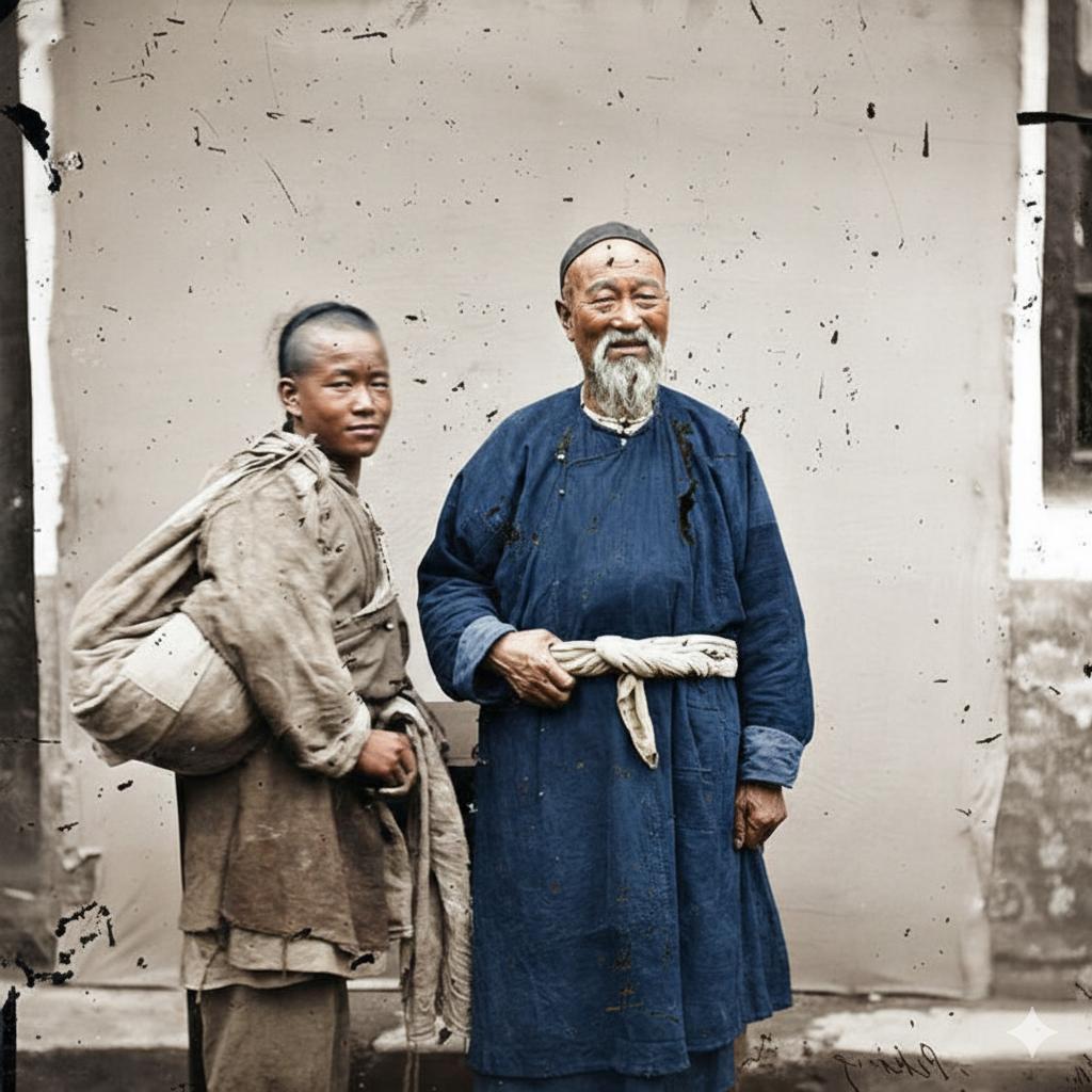 晚清，北京一位厨师与他的徒弟，右侧的老者是经验丰富的厨师，他身着朴素的长衫，神态