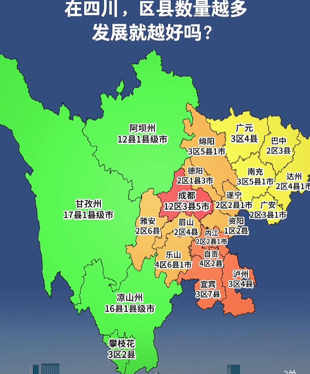在四川，区县数量越多就发展越好吗？总体来看，除三州外如成都、绵阳、宜宾、乐山、南