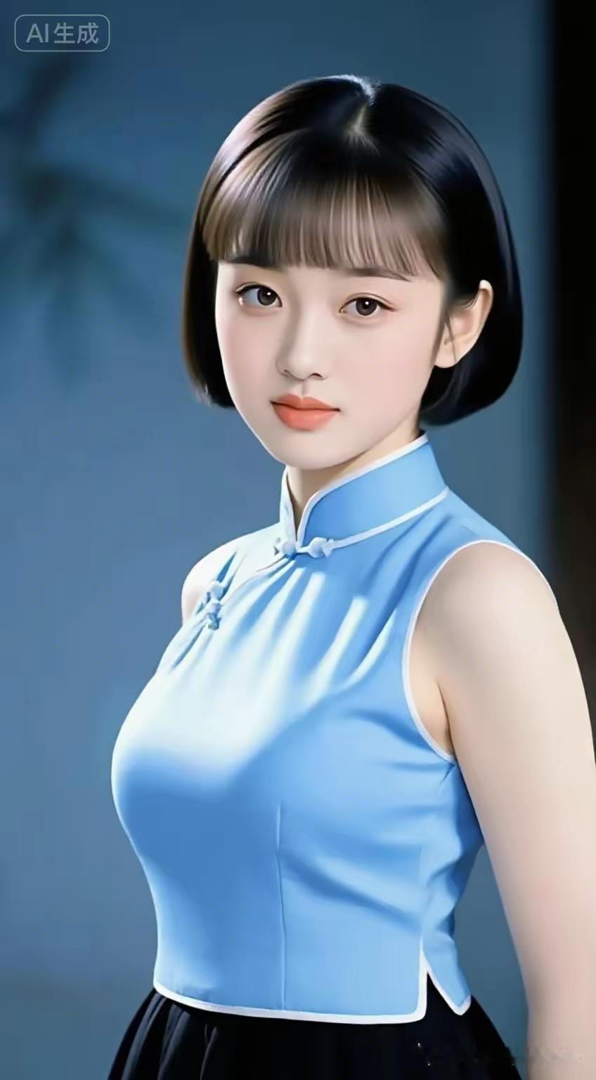 清新脱俗的蓝衣少女，AI生成的梦幻之美