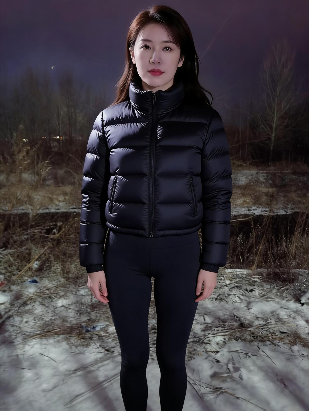 夜色漫过冰封的小径，她的身影，是雪地里最亮的星。黑色的羽绒裹着温热的心跳，