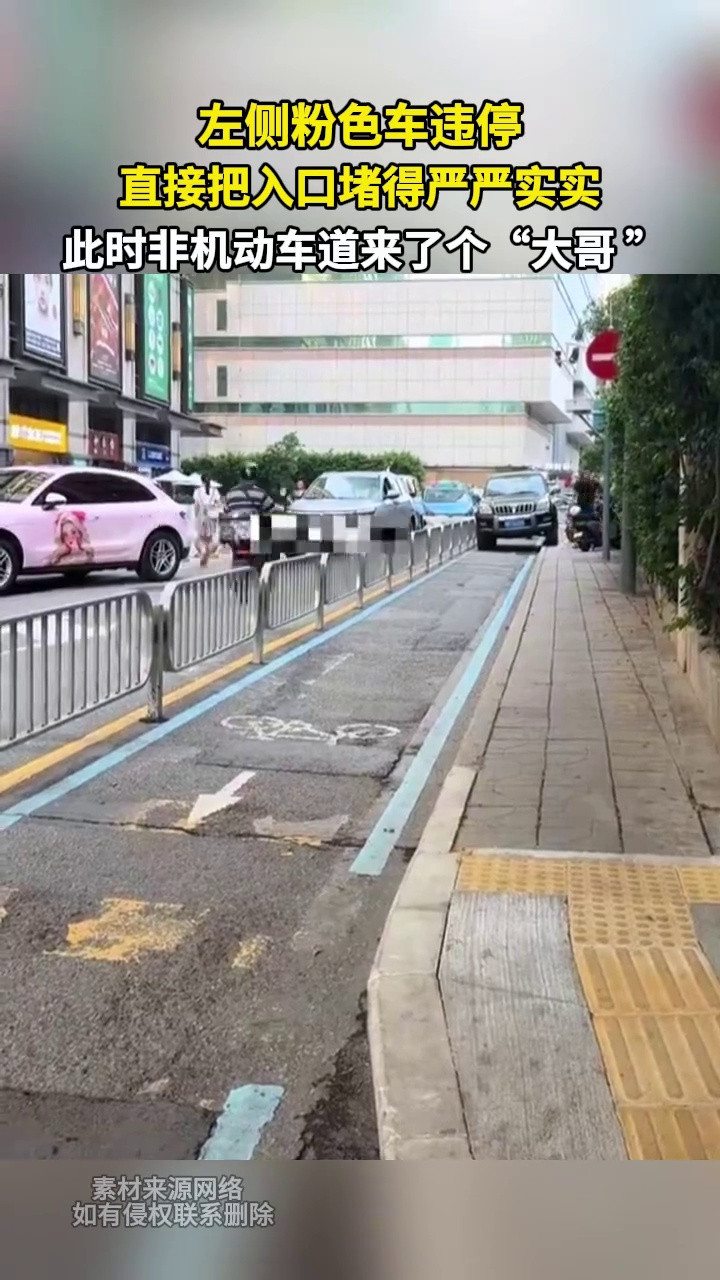 左侧粉色车违停直接把入口堵得严严实实此时非机动车道来了个“大哥”
