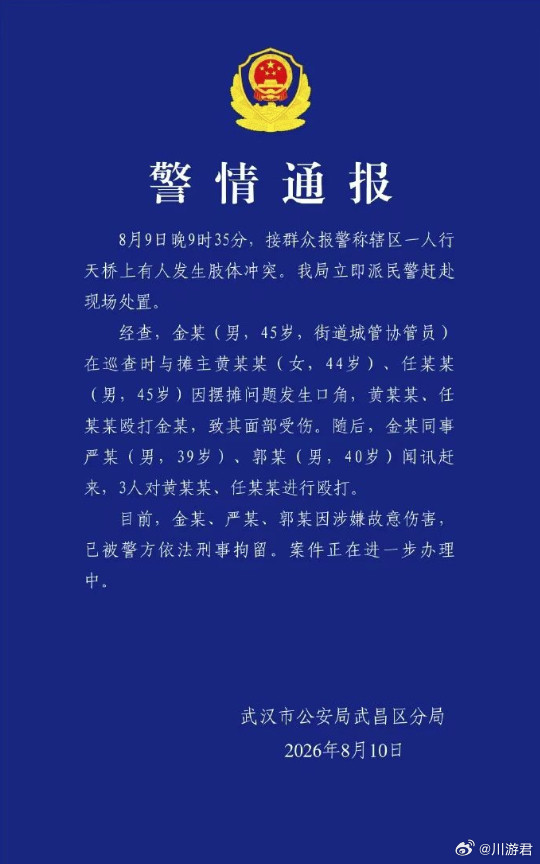 武汉通报天桥打人事件这通报看着憋屈但法理清楚：摊主先动手有错，可金某仨人“闻讯赶