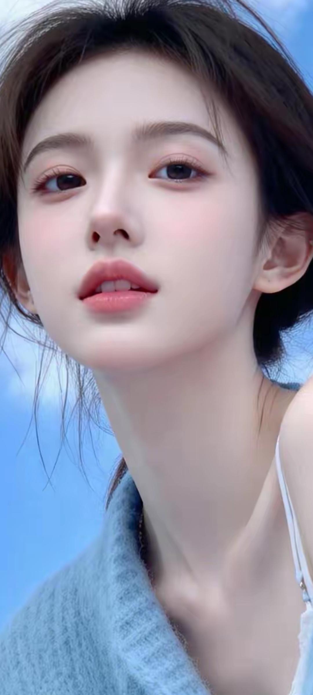 温柔甜美的少女，蓝天白云的背景，清新自然。