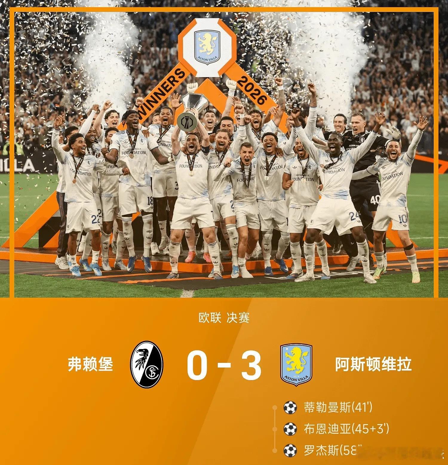 25/26赛季欧联决赛，阿斯顿维拉对阵弗赖堡。上半场罗杰斯助攻，蒂勒曼斯打破僵局