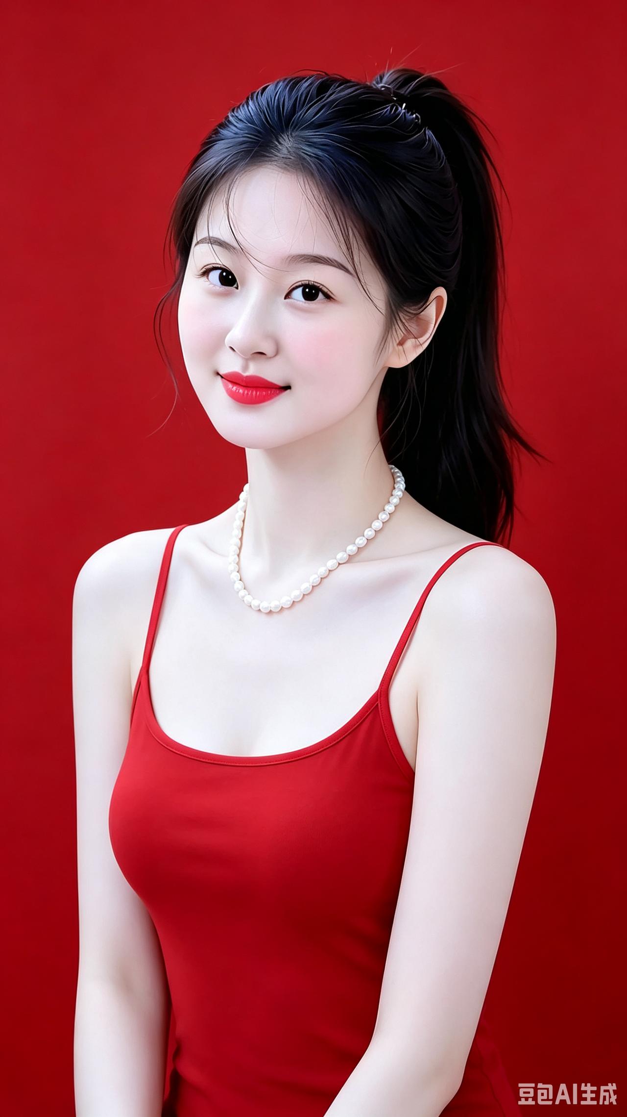 红衣红底俏姑娘，肤白貌美珍珠亮。________________，评论区等