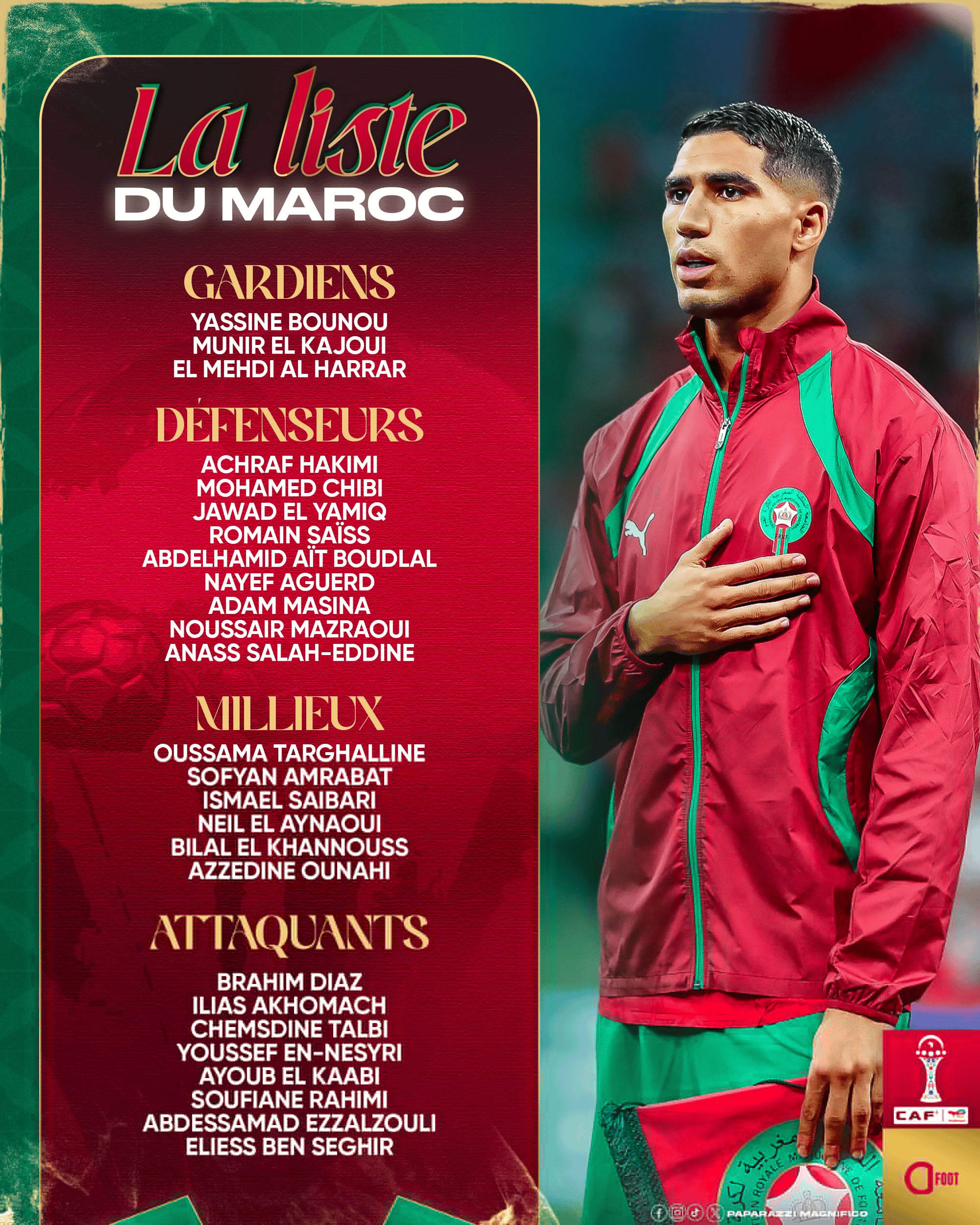 摩洛哥非洲杯大名单: 阿什拉夫/马兹拉维/布努/迪亚斯等领衔