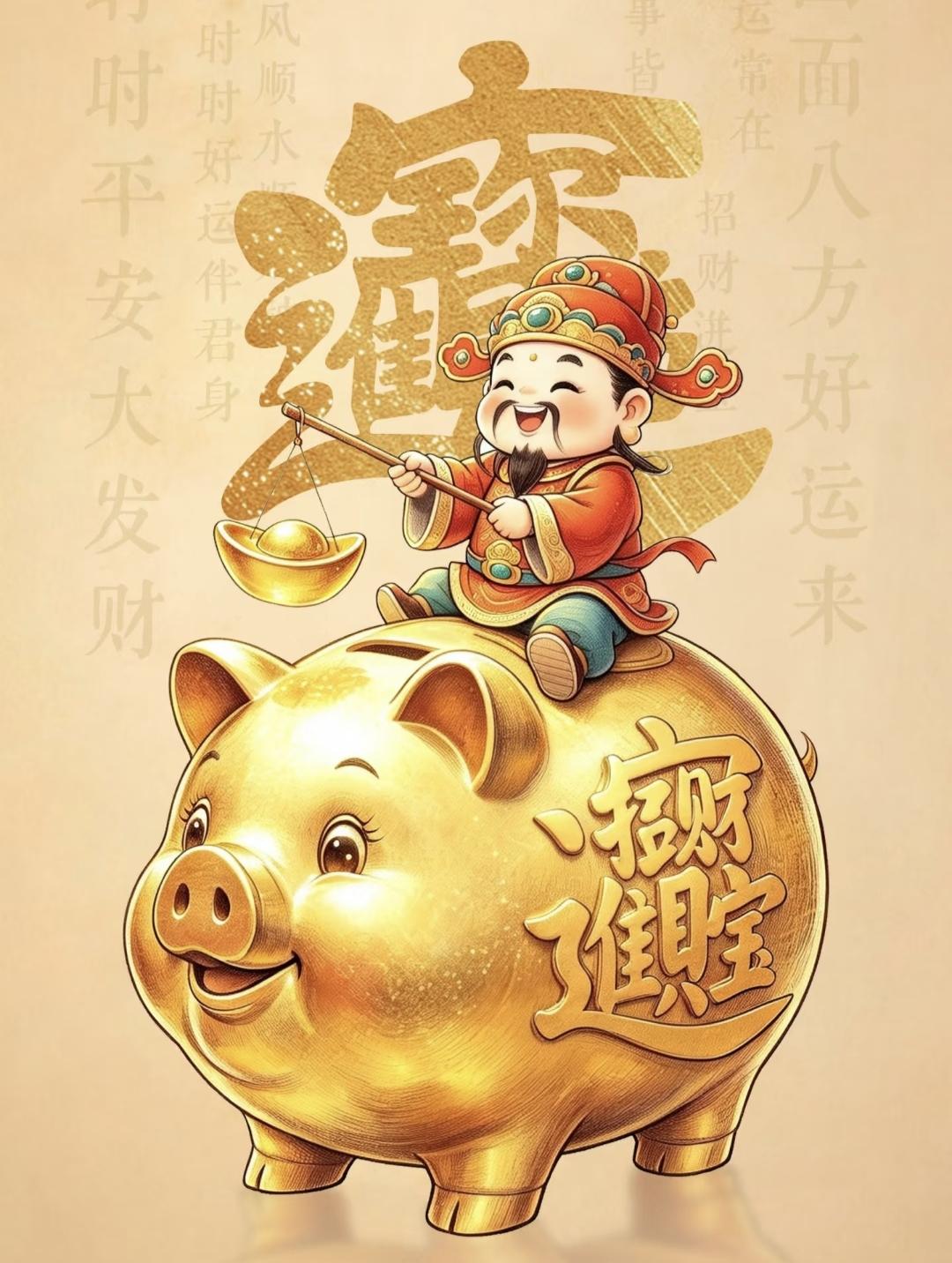 招财进宝·日进斗金金猪驮财神，八方福运来！口含金元宝，喜事接踵开。愿你岁岁平安
