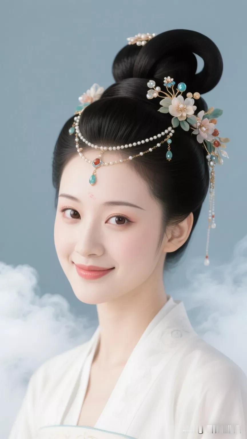 古风美人，云雾缭绕，花簪点缀，宛如仙子下凡。张立启原创书画AI作品古仕女发髻服饰