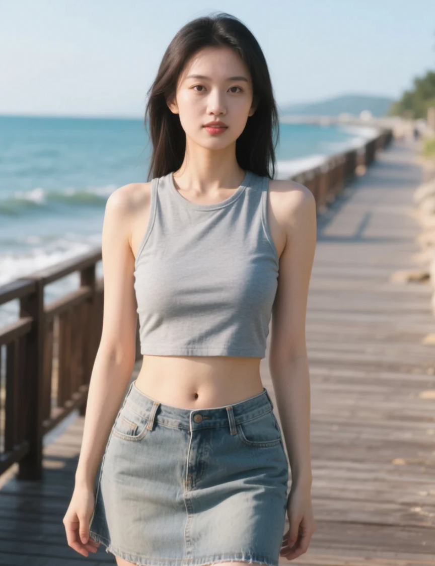 阳光下的亚洲美女，在木栈道上享受悠闲时光
