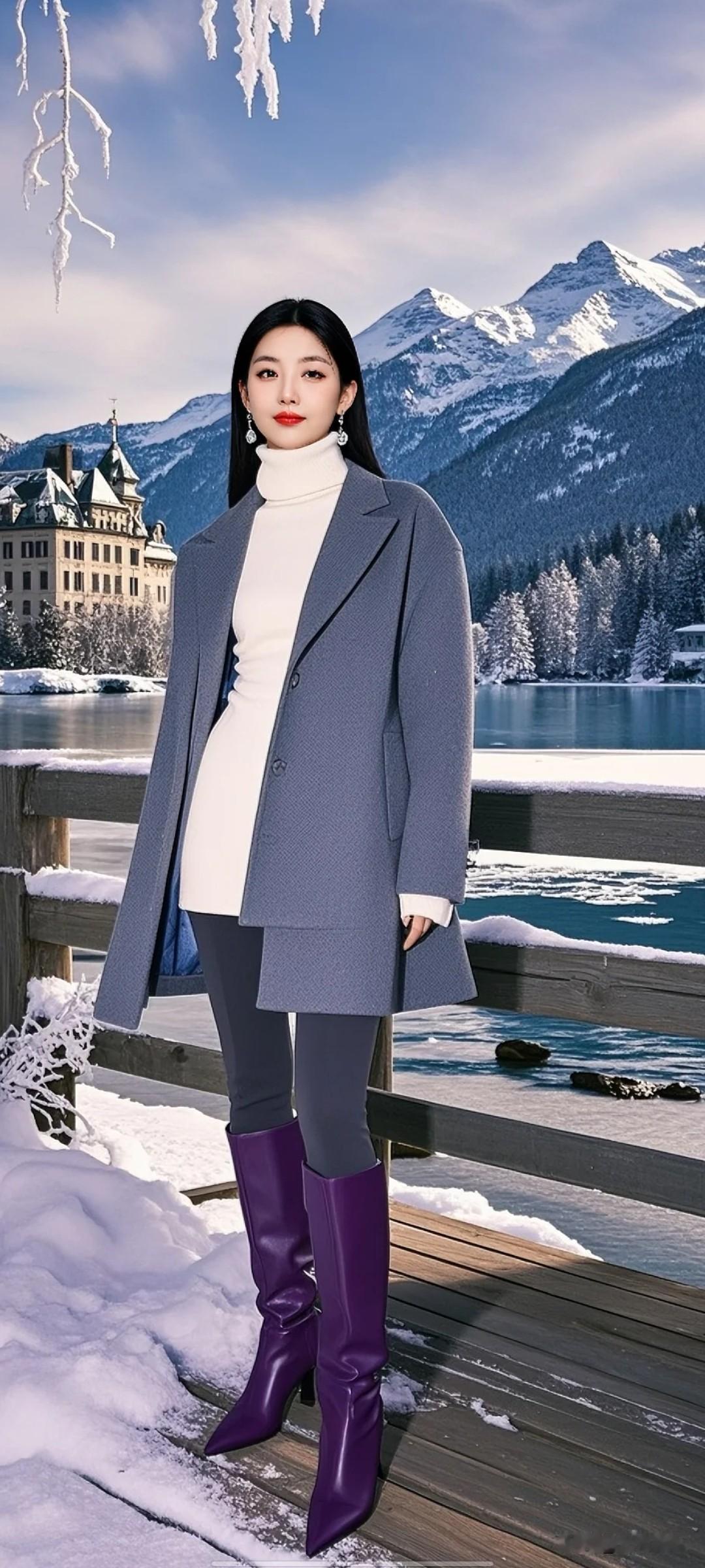 冬日穿搭指南：优雅灰大衣+紫色靴子，雪景中的时尚大片