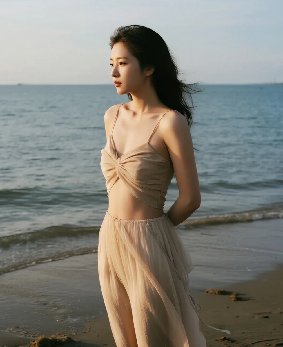 沙滩上的倩影，与夕阳共舞的时光