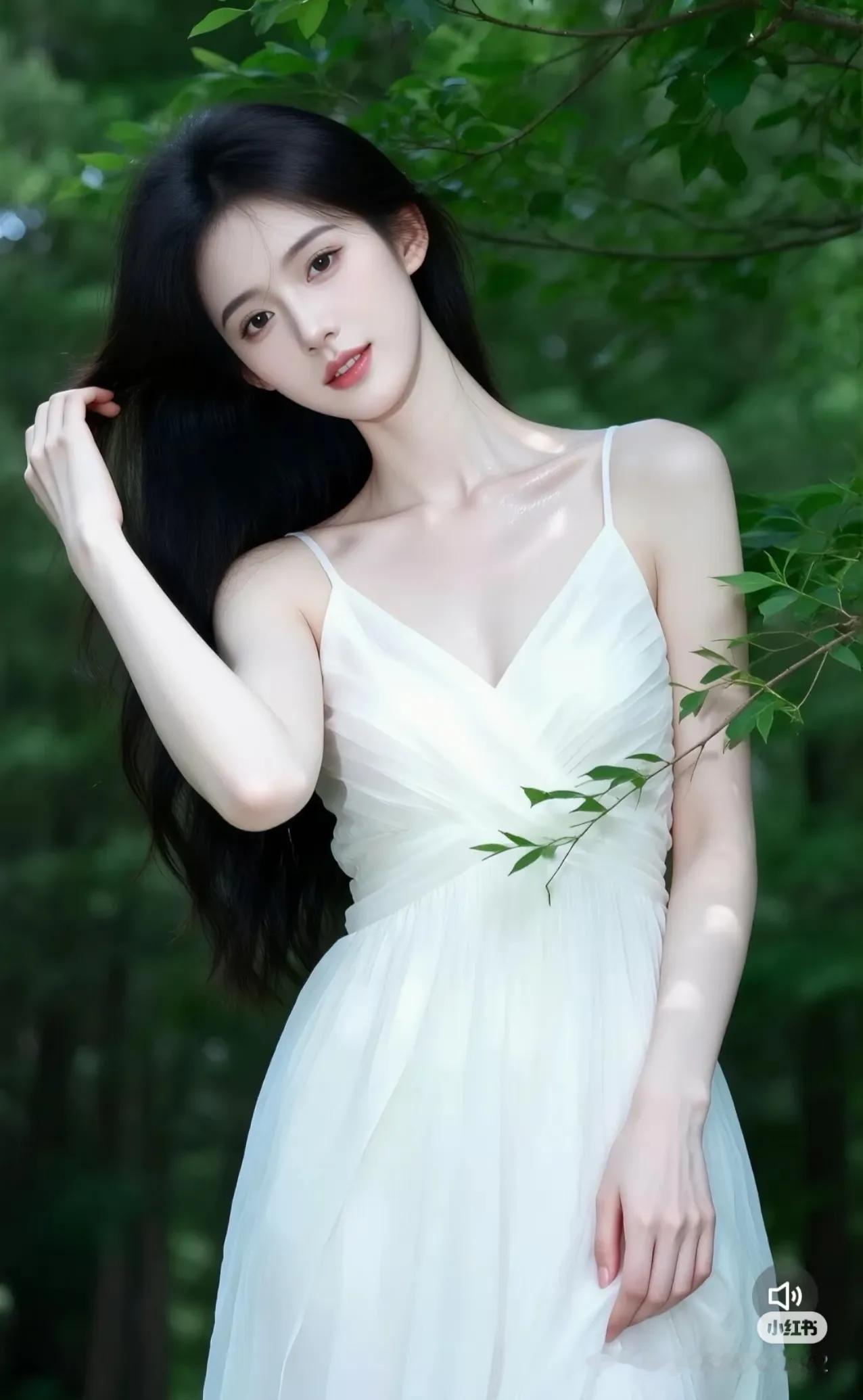 仙气飘飘的森林女神，白裙飘飘，宛如画中人。街拍高清美女