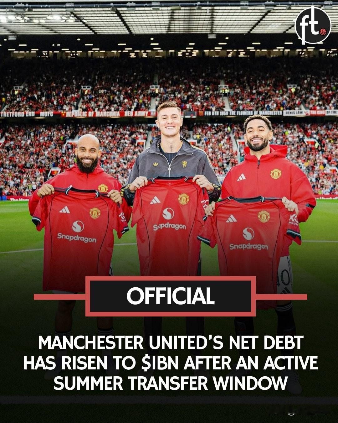 官方消息：曼联净债务首次突破10亿美元大关，主要因夏季引援资金进行借款：舍什科