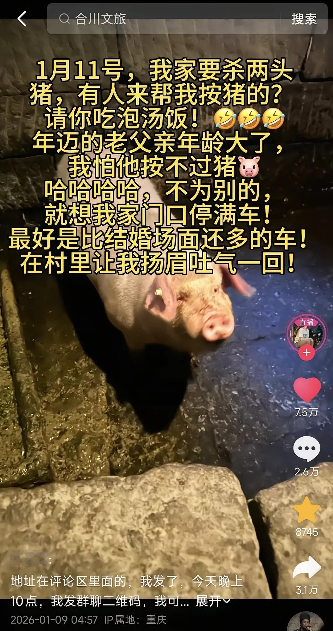 今日的重庆合川来了波泼天流量啊！重庆合川一位叫呆呆的博主，发了个视频，说他家杀