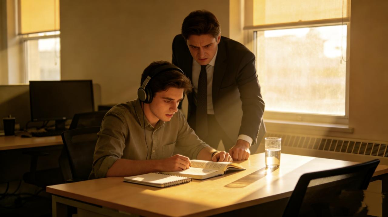 同事小王最近在学英语，每天午休都戴着耳机背单词。领导路过，敲了敲他桌子：“小王