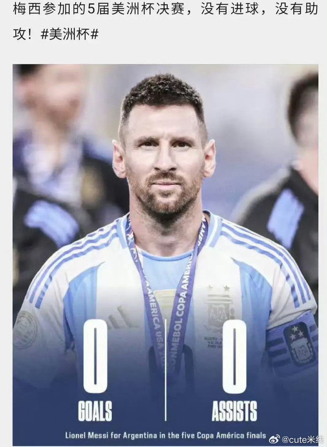 “5003”名副其实！梅西参加5届美洲杯决赛，没有进球（0），没有助攻（0），3