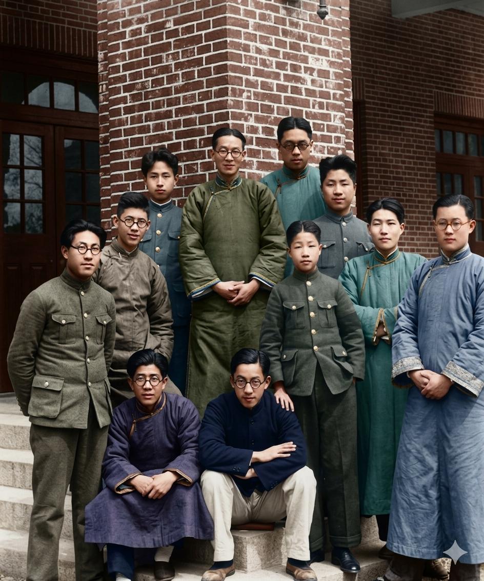 1930年，交通大学北京师大附中同学会合影，十九岁的钱学森，立于站立队列左起第三
