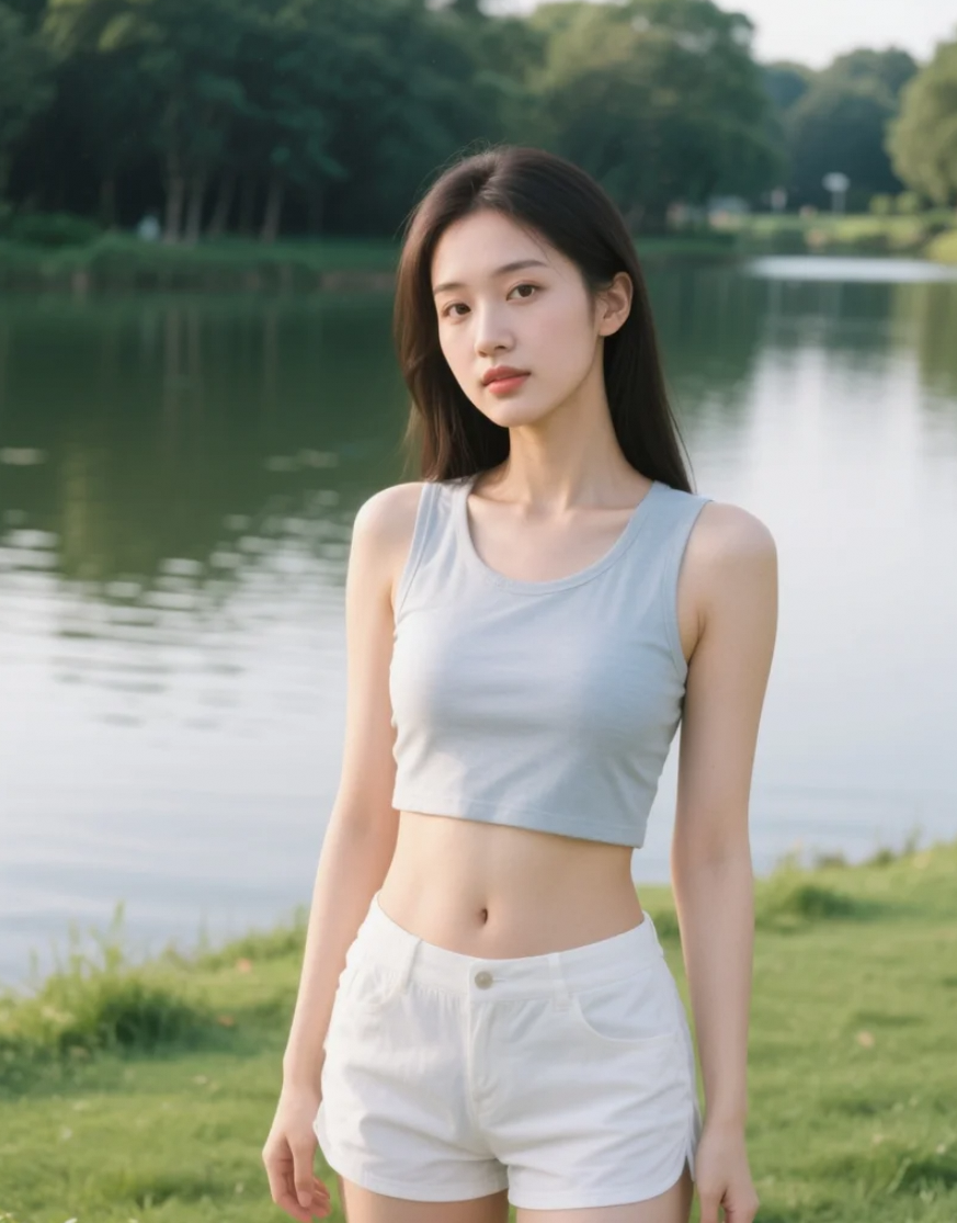 湖畔草坪上的亚洲美女，享受宁静美好的一刻