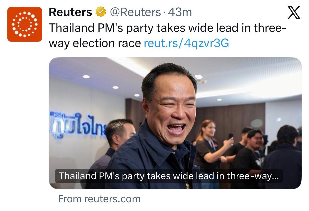🇹🇭根据对91%的选票的统计数据显示，由现任泰国总理阿努廷·参威拉恭(陈锡