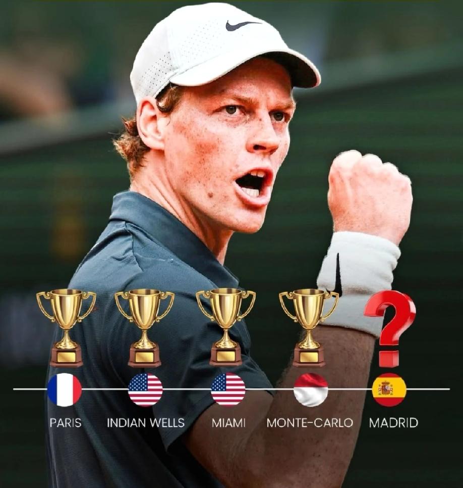 辛纳可能达成德约、纳达尔都从未有过的成就，那就是连续夺得五个大师赛冠军。鉴于他的