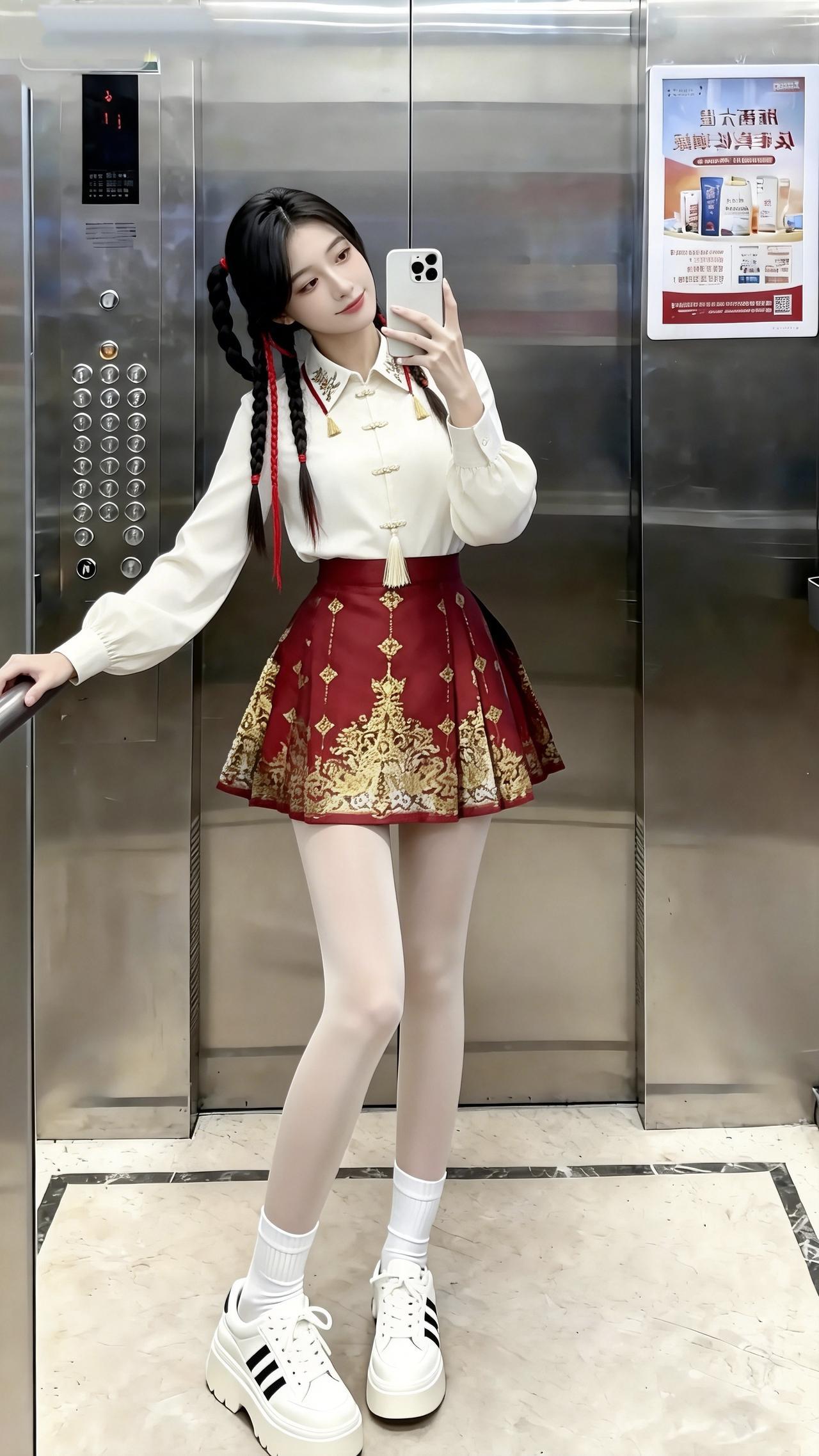 这种新中式甜妹风你们爱了吗？电梯间里，米白盘扣衬衫裹着中式温柔，酒红烫金裙一摆像