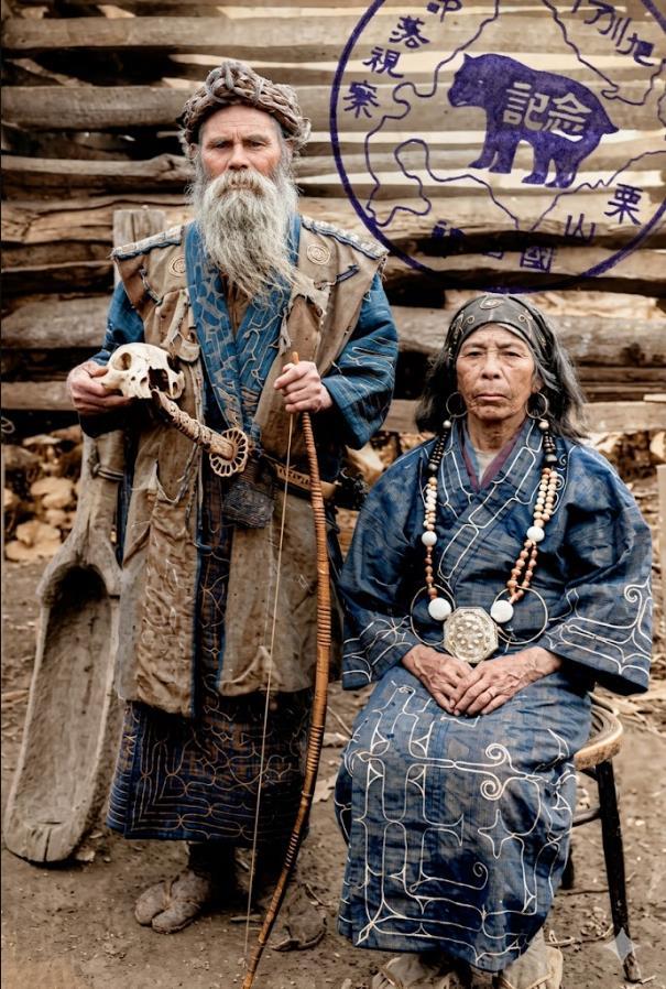 这张上世纪30年代的老照片，是日本北海道阿伊努人照片里的阿伊努男性身着带有部落