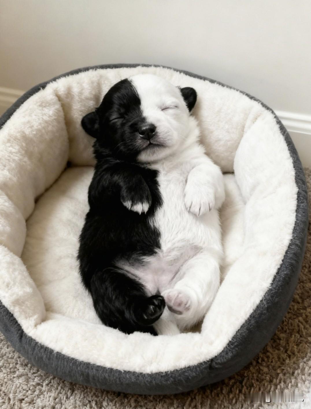 为这只小奶狗取名犯难了一只黑白配色的小奶狗软乎乎地蜷在狗窝里睡相还特别萌