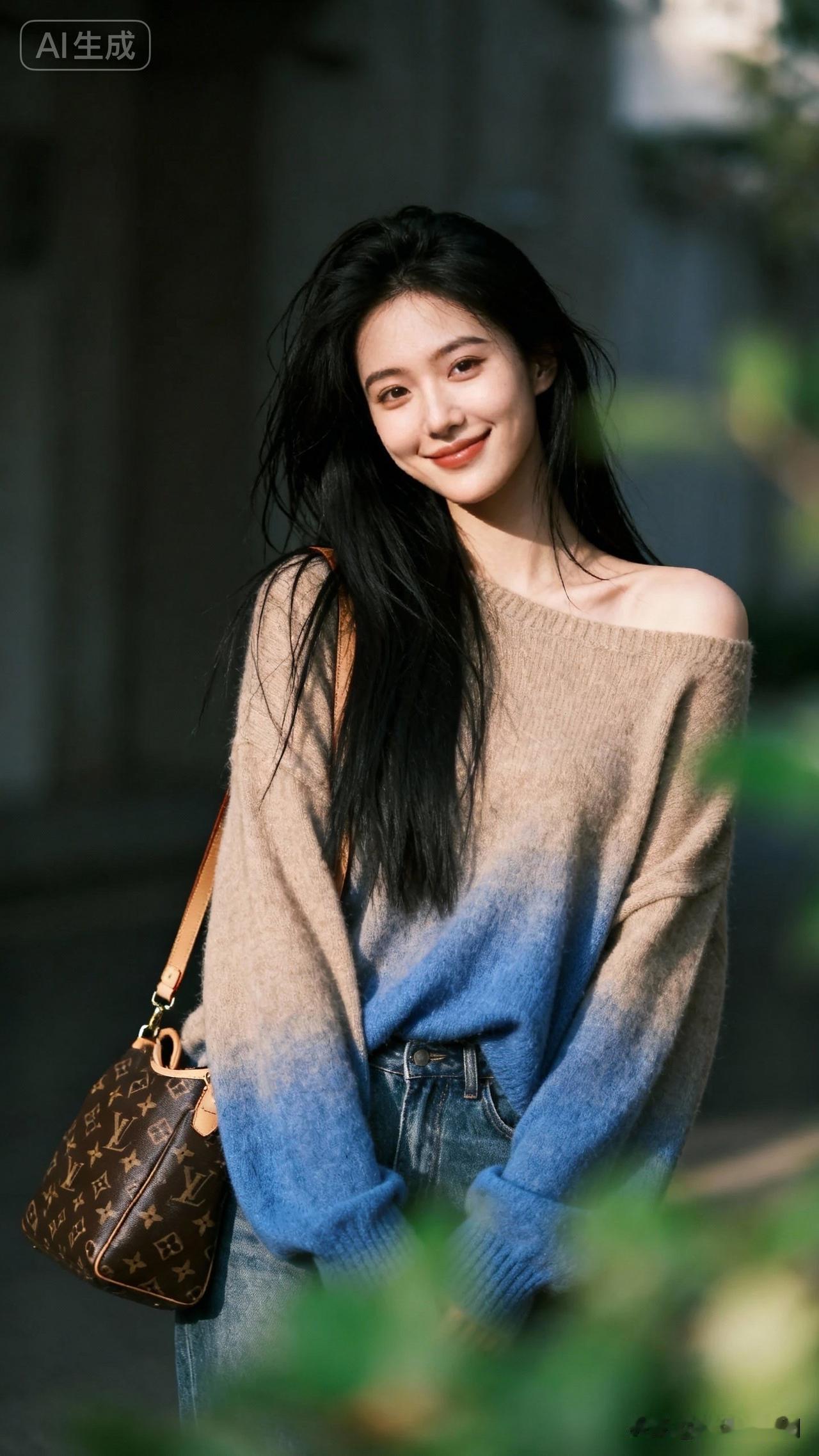 一个长发女孩背着包在微笑。