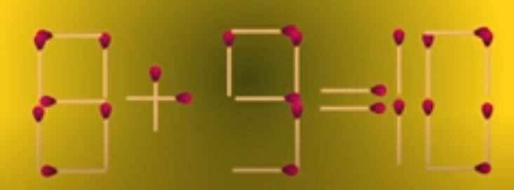 图中火柴棒组成的等式“8+9=10”不成立。现在考考你：若只能移动1根火