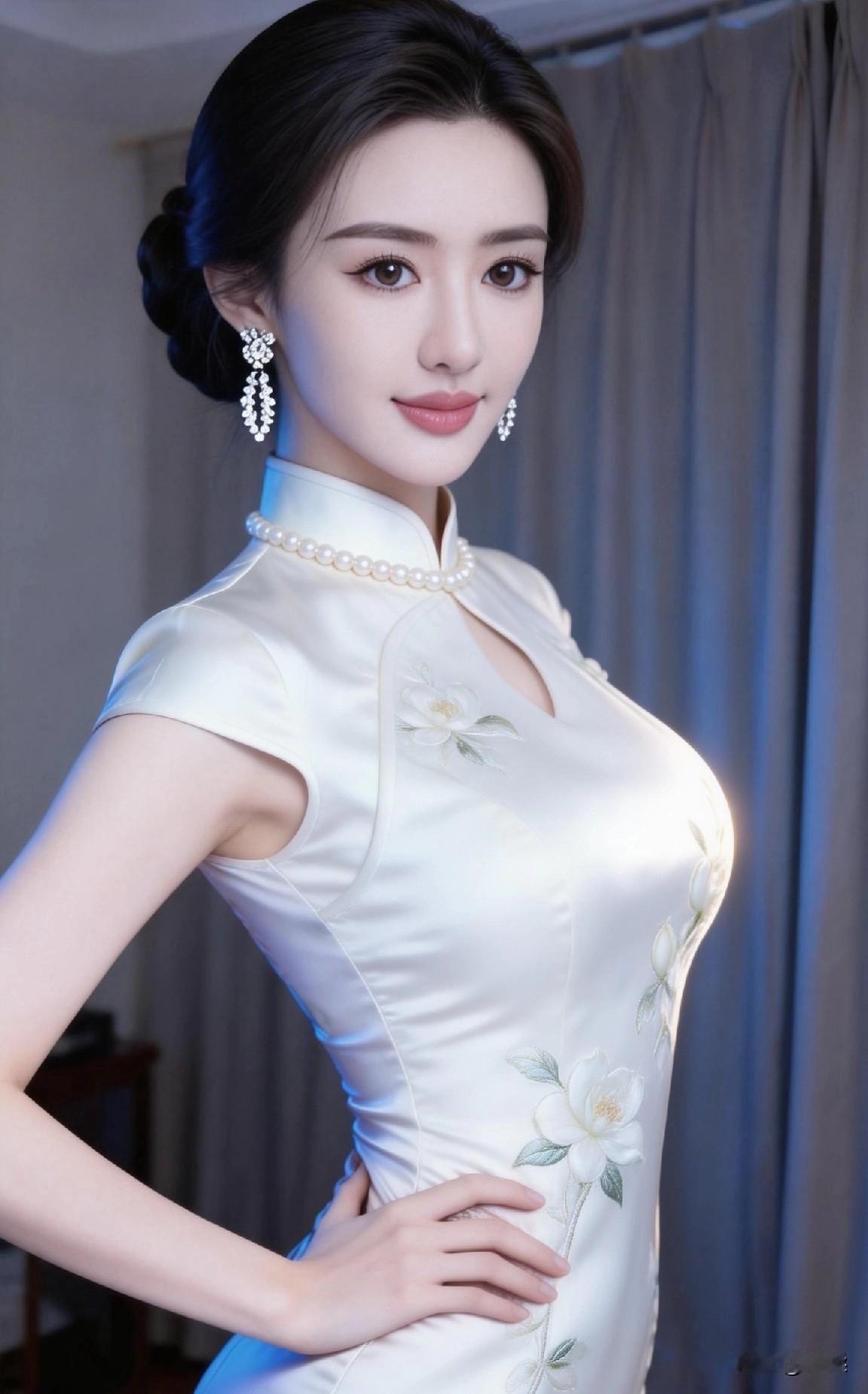 就像图中这件米白色真丝旗袍，没有浓烈的色彩，却以细腻的光泽感勾勒出曲线，领口的珍