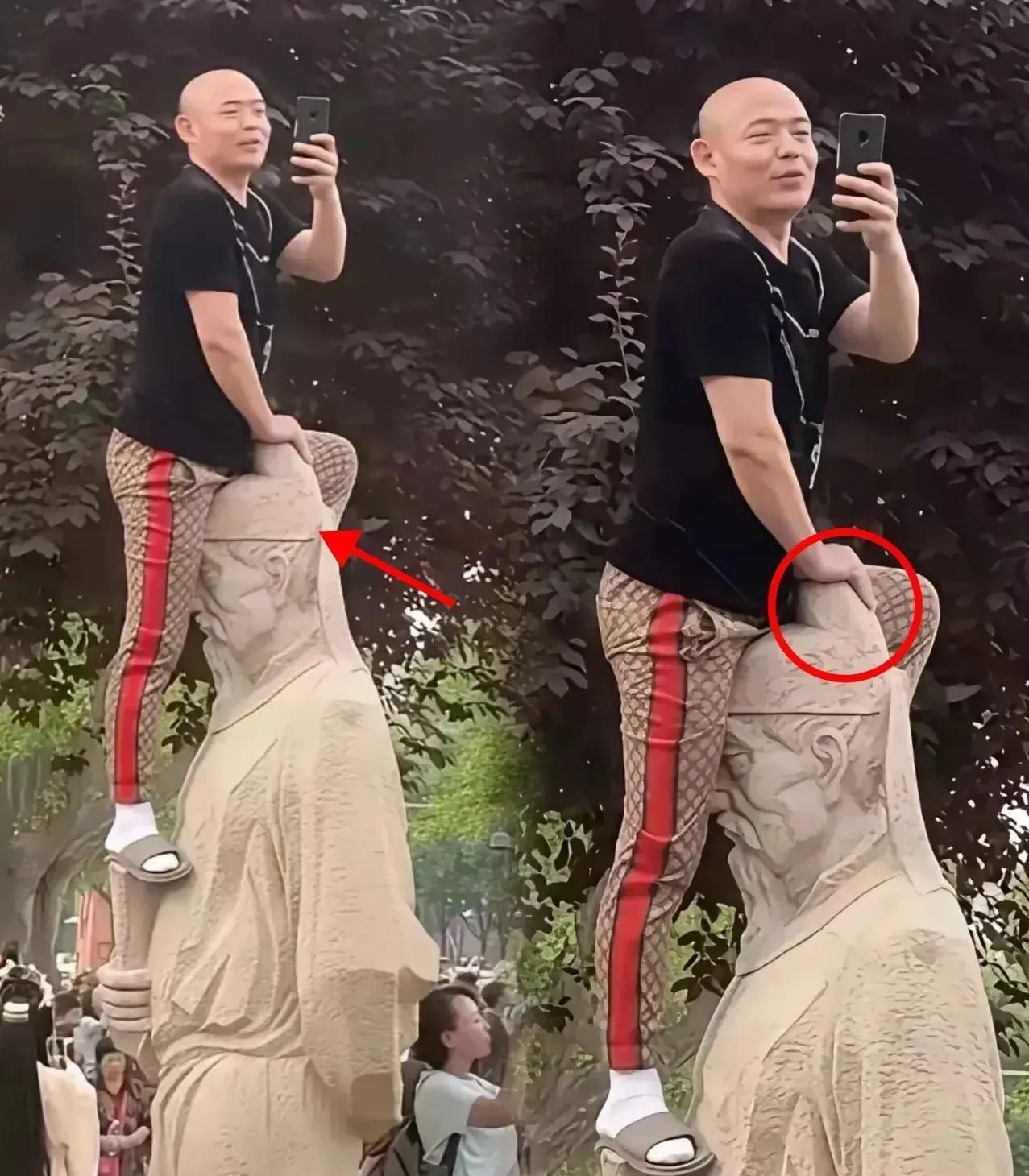 太没素质了！就没有人管管吗？看这个人在西安大雁塔的李白雕塑上干什么？把李白