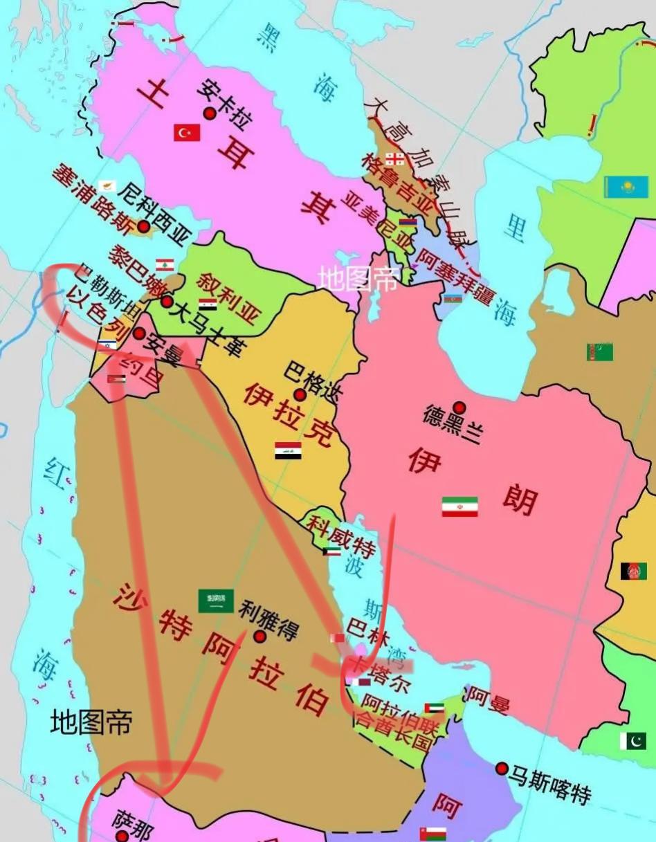 终于发现了，以色列在中东还不是最坏的，最坏的有可能是沙特阿拉伯，从中东局势图上看