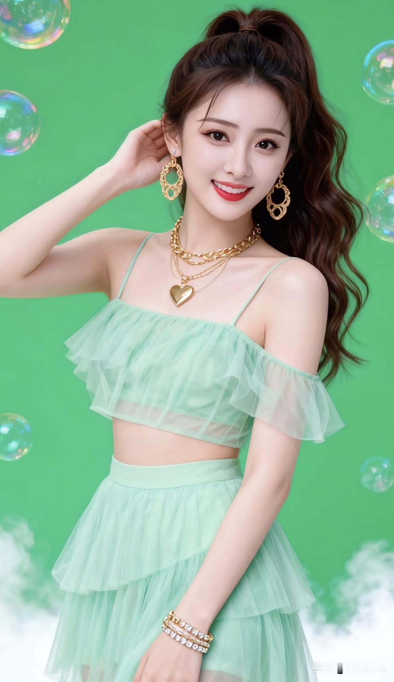 绿衣美人笑，金饰映芳容。绿裙美人气质红妆女子绿裳春景照气质红妆女子绿裳春