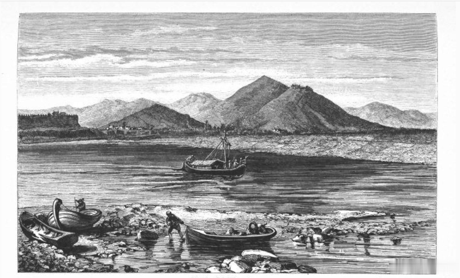 1877年，欧洲旅者留下的襄阳城郊附近的汉江风貌。