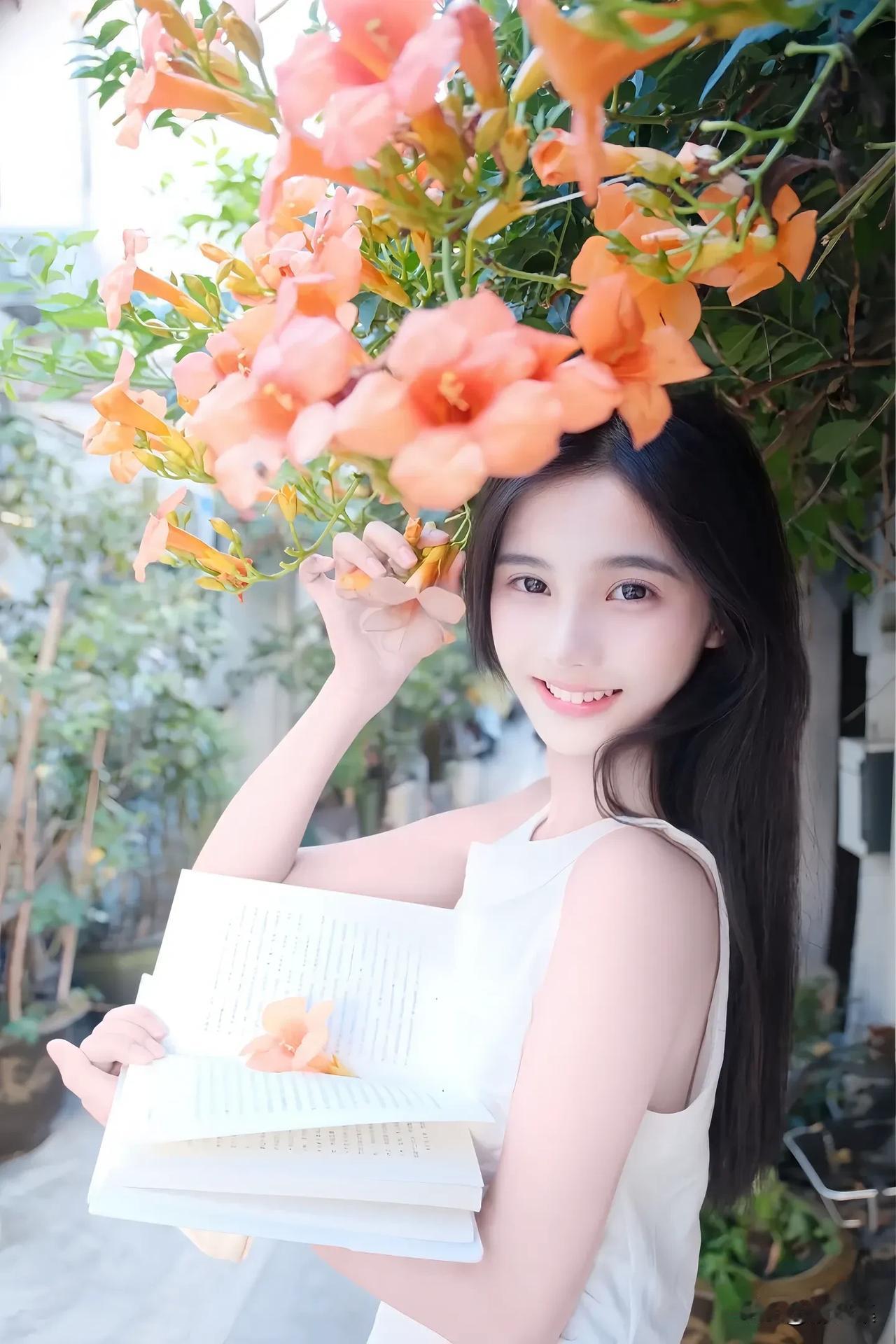 阳光下的少女，手持书本，微笑如花