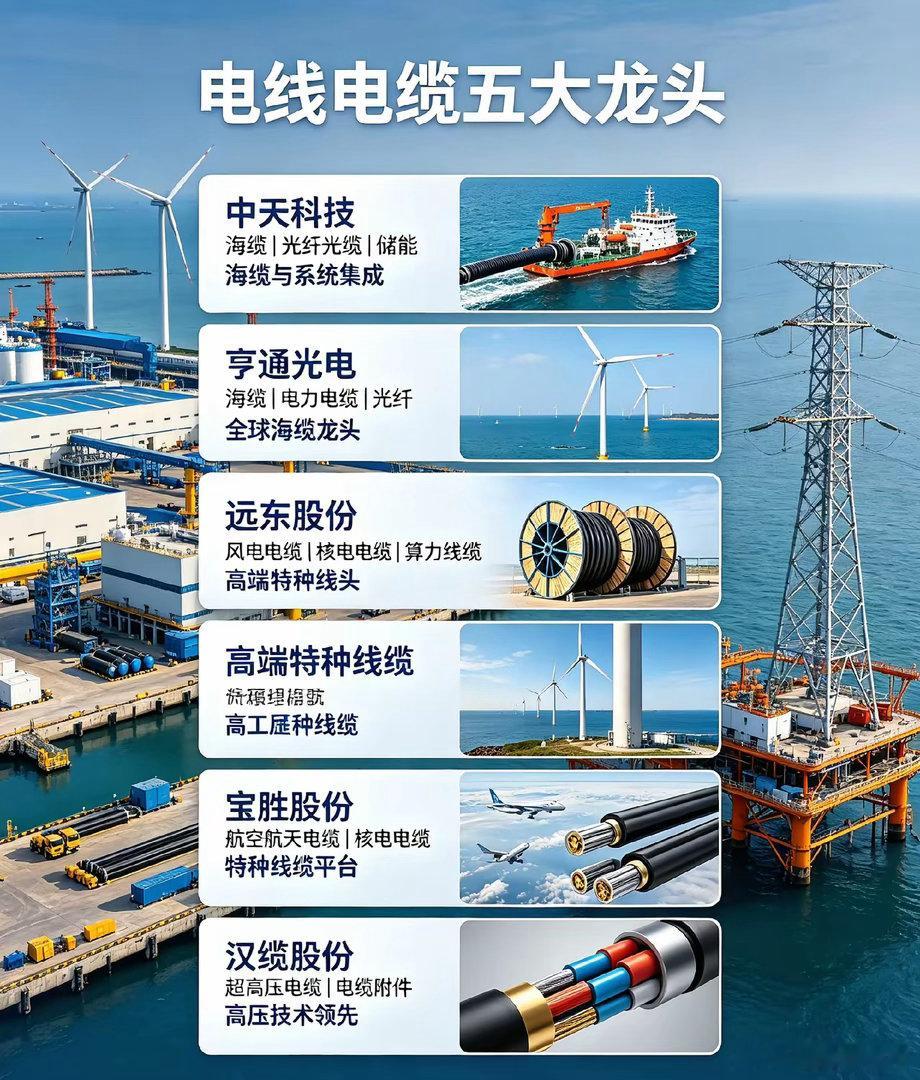 A股电线电缆五大龙头1.中天科技✅优点：海缆龙头，国内海上风电海缆市占率领先；特高压、光纤光缆、储能